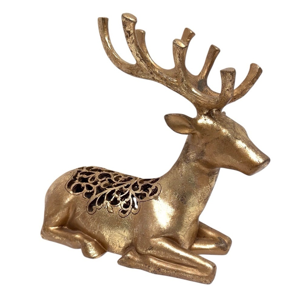 Sitting Filagree Reindeer Figurine Metallic Gold Resin EUC